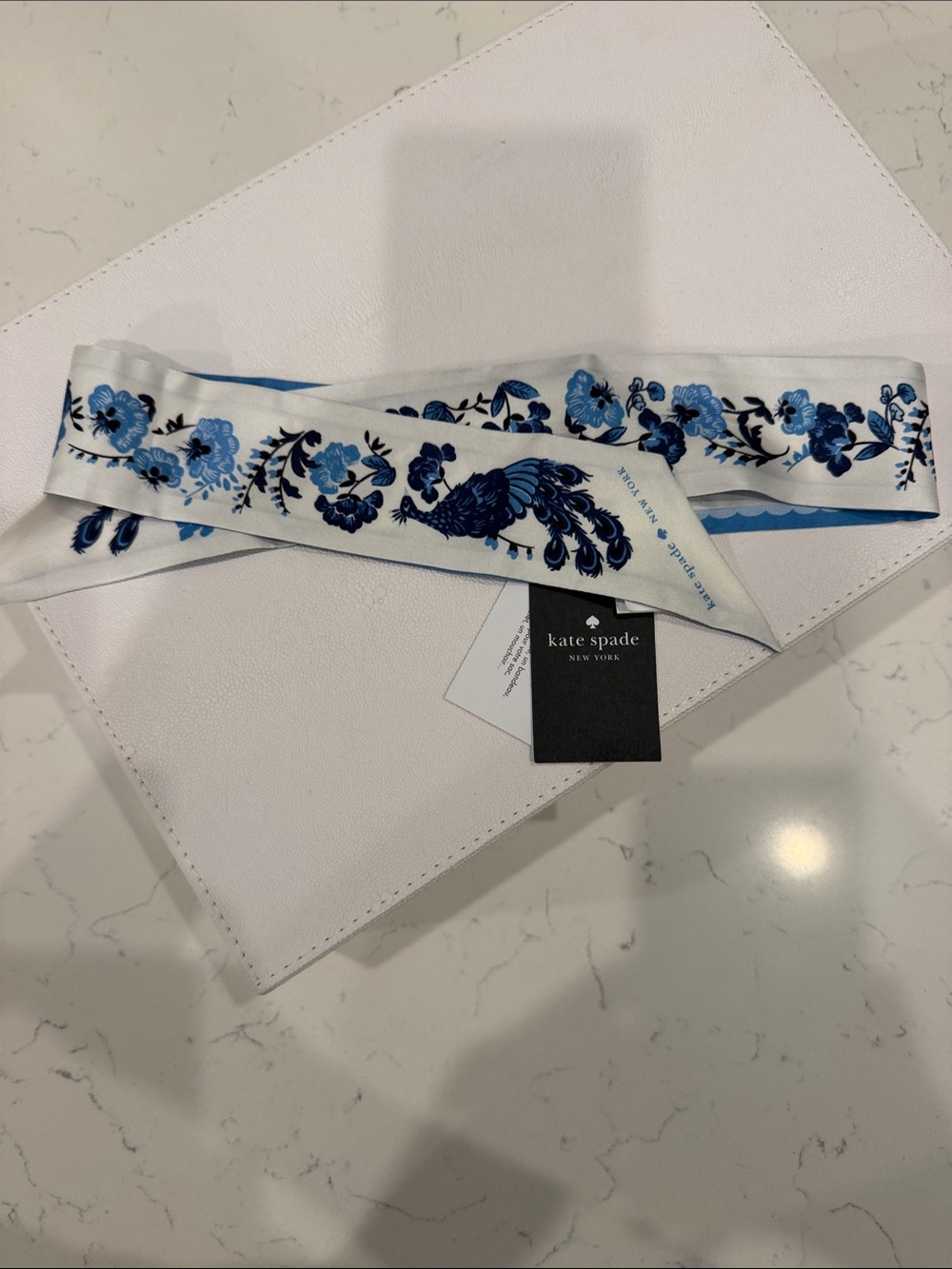 kate spade Blue & White Floral Peacock Silk Bandeau Scarf